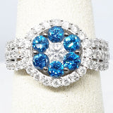 14kt White Gold Caribbean Blue & White Diamond Ring , Round Cluster with White Center