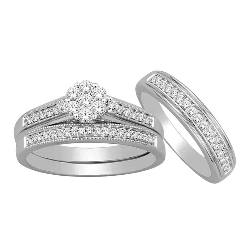 Sterling Silver 1/2 Ctw Diamond Flower Trio Ring Set