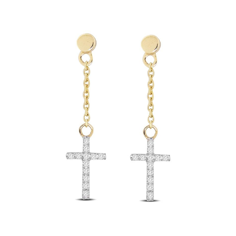 10K Yellow Gold 1/20 Ct.Tw.Diamond Cross Dangler Earrings