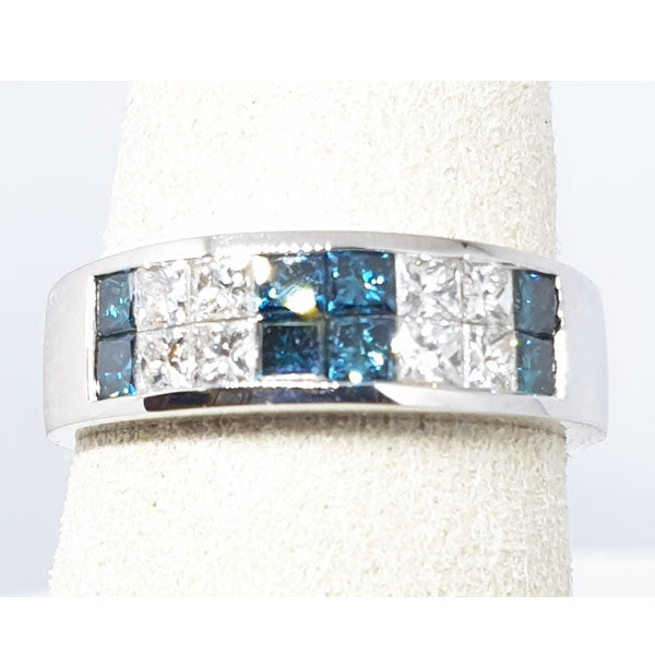 14kt White Gold Caribbean Blue & White Diamond Ring , Princess Cut Invisible Set Diamonds