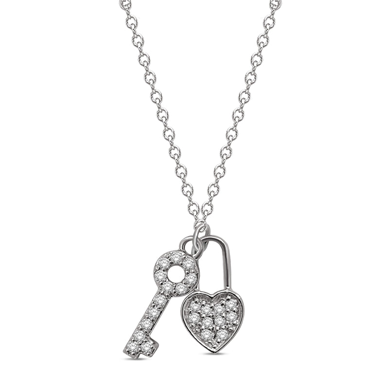 10K White Gold 1/8 Ct.Tw.Diamond Lock & Key Neckalce