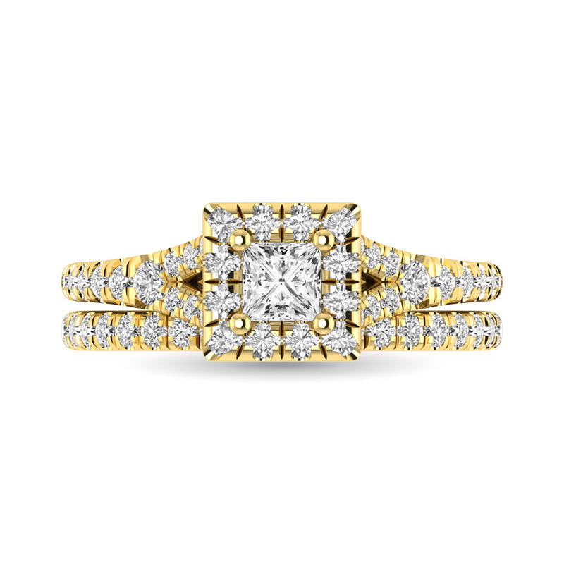 Diamond  Split Shank Single Halo Bridal Ring 1 ct tw Princess Cut in 14K Yellow Gold