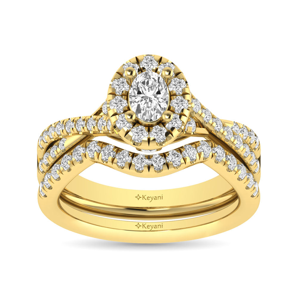 Diamond  Twist Shank Single Halo Bridal Ring 1 ct tw Oval Cut in 14K Yellow Gold