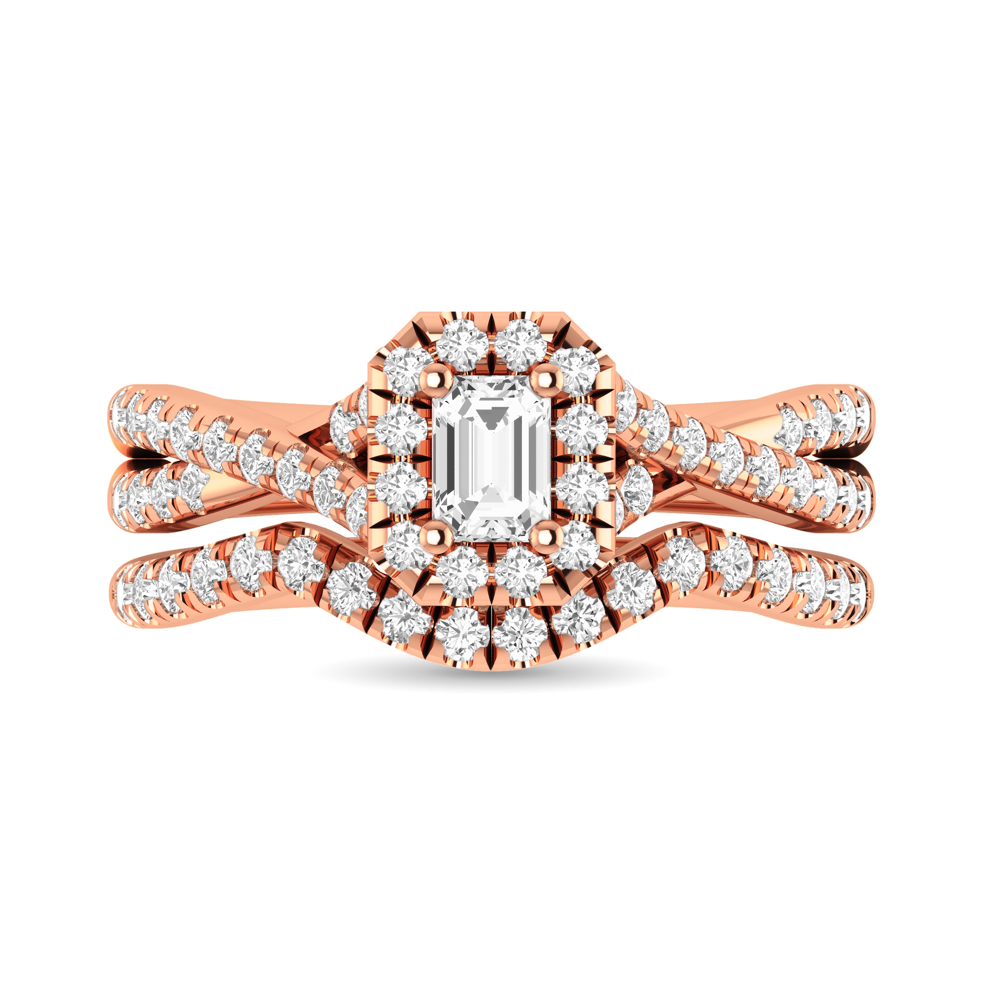 Diamond  Twist Shank Single Halo Bridal Ring 1 ct tw Emerald Cut in 14K Rose Gold