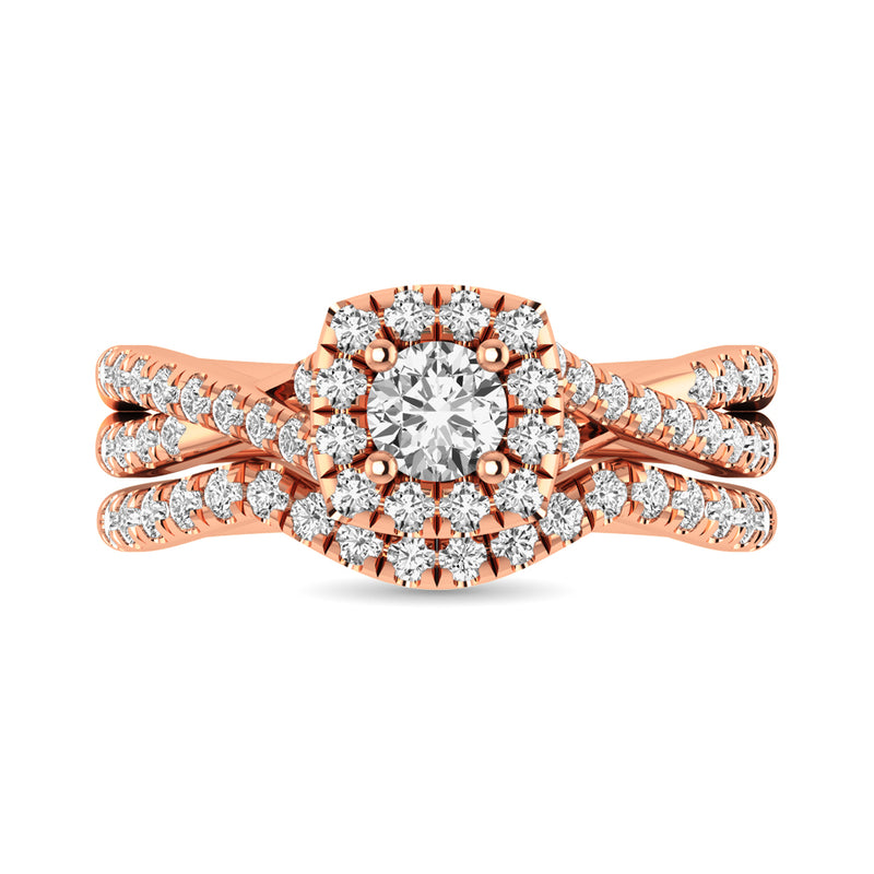 Diamond  Twist Shank Single Halo Bridal Ring 1 ct tw Round Cut in 14K Rose Gold