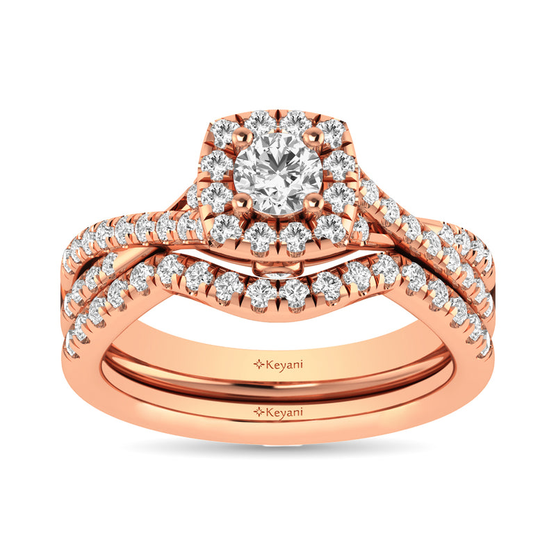 Diamond  Twist Shank Single Halo Bridal Ring 1 ct tw Round Cut in 14K Rose Gold