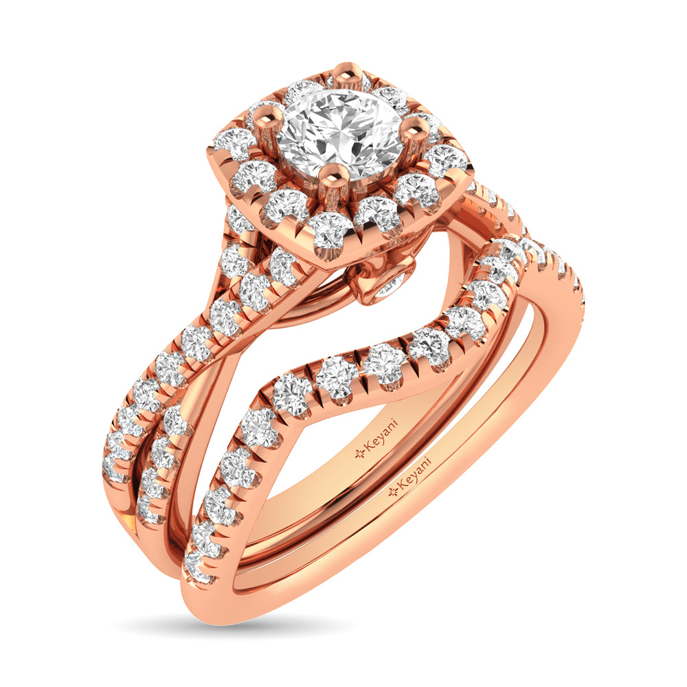 Diamond  Twist Shank Single Halo Bridal Ring 1 ct tw Round Cut in 14K Rose Gold