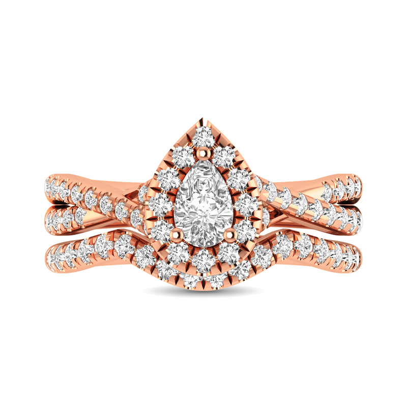 Diamond  Twist Shank Single Halo Bridal Ring 1 ct tw Pear Cut in 14K Rose Gold