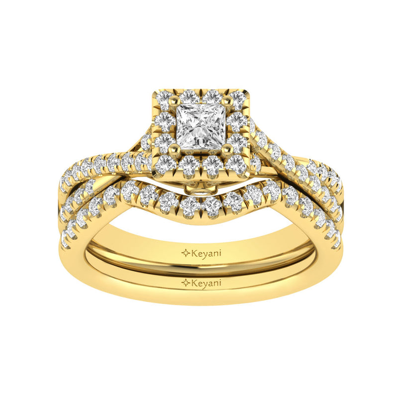 Diamond  Twist Shank Single Halo Bridal Ring 1 ct tw Princess Cut in 14K Yellow Gold