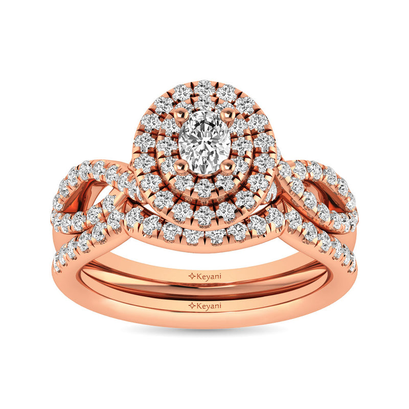 Diamond  Twist Shank Double Halo Bridal Ring 1 ct tw Oval Cut in 14K Rose Gold