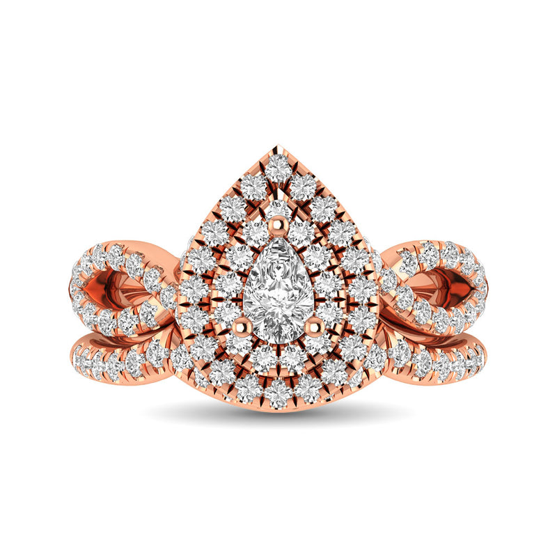 Diamond  Twist Shank Double Halo Bridal Ring 1 ct tw Pear Cut in 14K Rose Gold