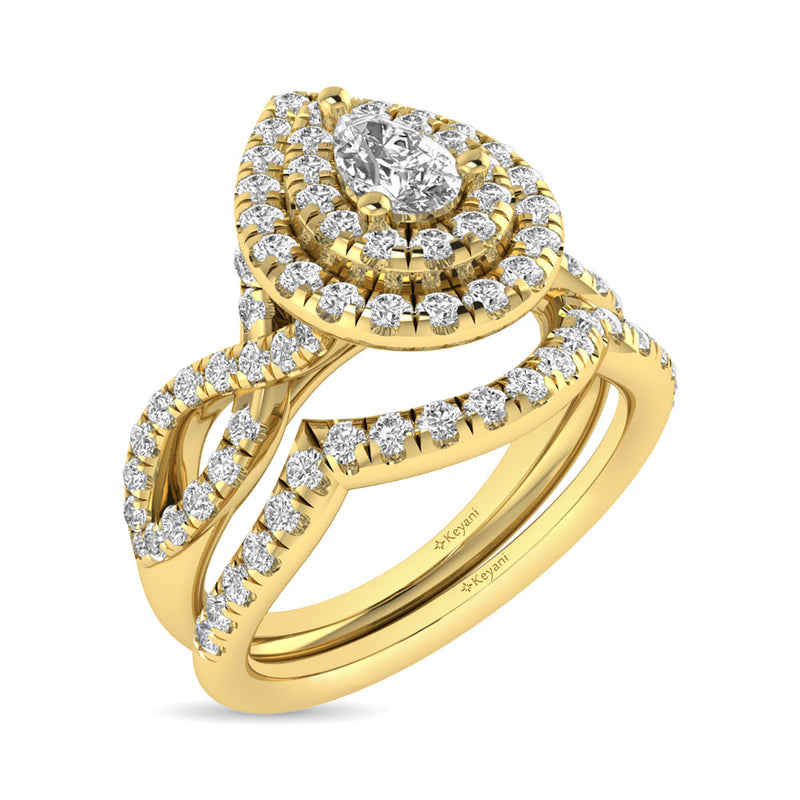 Diamond  Twist Shank Double Halo Bridal Ring 1 ct tw Pear Cut in 14K Yellow Gold