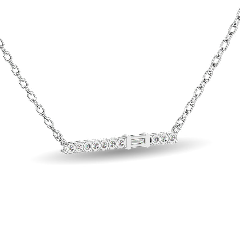 Diamond Round & Straight Buggete Fashion Necklace 1/8 ct tw in 14K White Gold