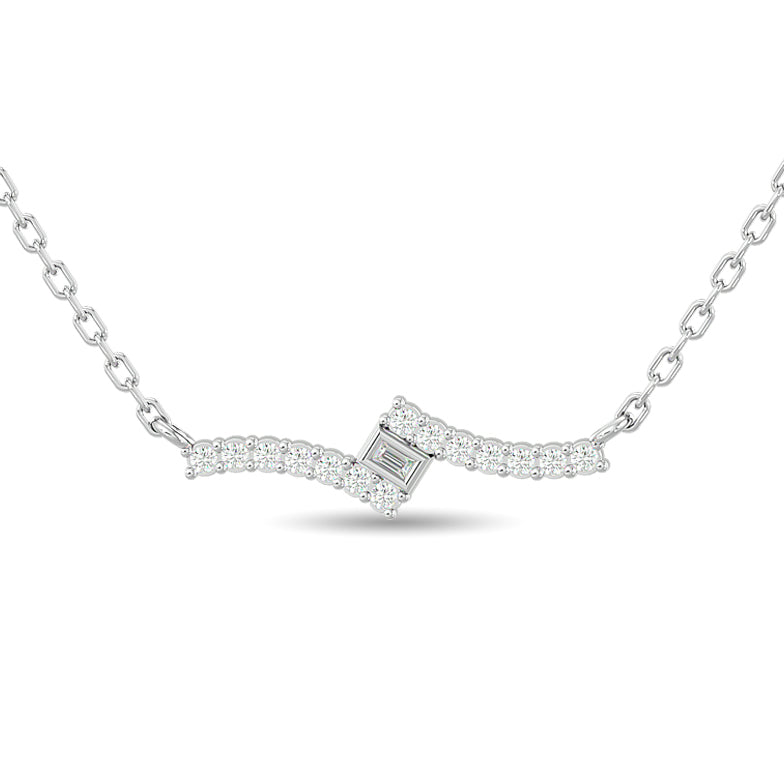 Diamond Round & Straight Buggete Fashion Necklace 1/8 ct tw in 10K White Gold