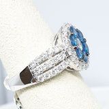 14kt White Gold Caribbean Blue & White Diamond Ring , Round Cluster with White Center