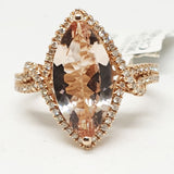 14kt Rose Gold Ring with Marquise Shape Morganite 3.19cts & 0.32ct Round Brilliant Cut Diamonds