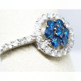 14kt White Gold Caribbean Blue & White Diamond Ring , Round Cluster