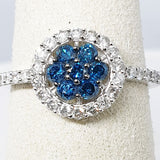 14kt White Gold Caribbean Blue & White Diamond Ring , Round Cluster