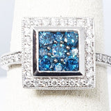14kt White Gold Caribbean Blue & White Diamond Ring , Square Cluster