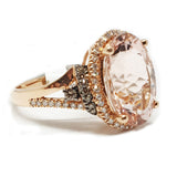 14kt Rose Gold Ring with Oval Shape Morganite 5.49cts & 0.27ct Round Brilliant Cut Diamonds & 0.14ct Chocolate Brown Diamonds
