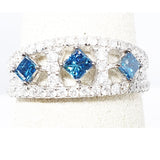 14kt White Gold Caribbean Blue & White Diamond Ring , 3 Princess Cut Diamonds