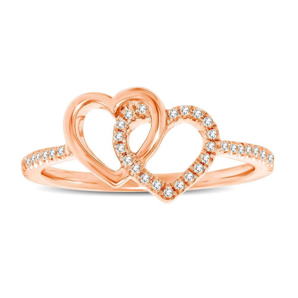 10K Rose Gold 1/6 Ctw Diamond Double Heart Ring