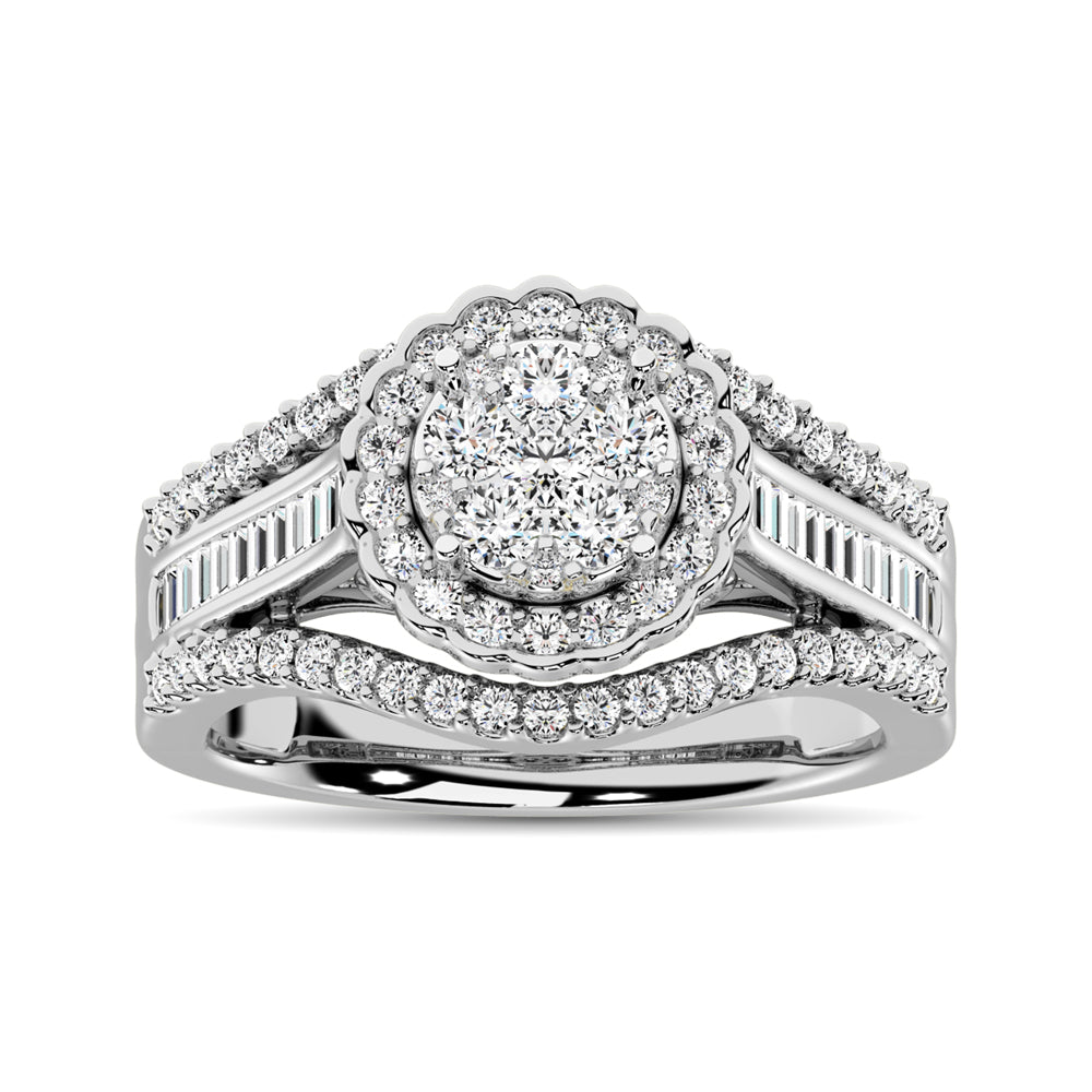 10K White Gold Round and Baguette Diamond 1 Ct.Tw. Engagement Ring