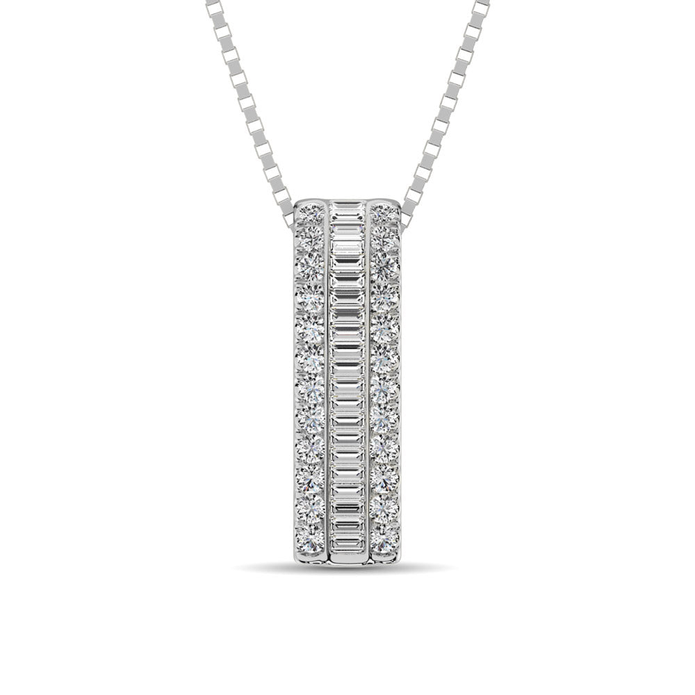 14K White Gold Round and Baguette Diamond 1/3 Ct.Tw. Drop Bar Pendant