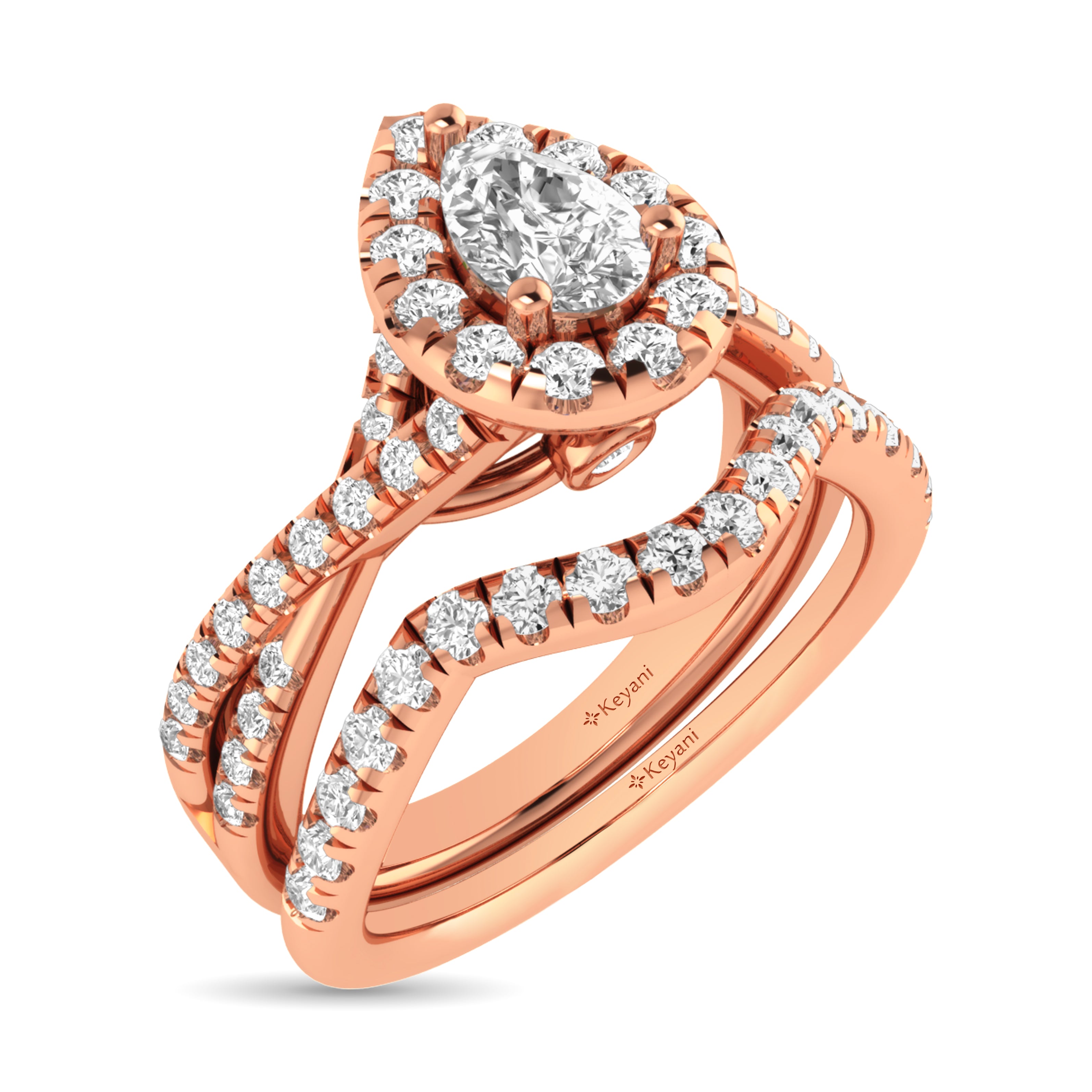 Diamond  Twist Shank Single Halo Bridal Ring 1 ct tw Pear Cut in 14K Rose Gold