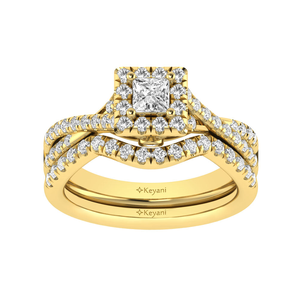 Diamond  Twist Shank Single Halo Bridal Ring 1 ct tw Princess Cut in 14K Yellow Gold