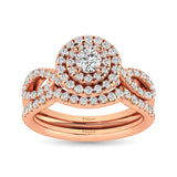 Diamond  Twist Shank Double Halo Bridal Ring 3/4 ct tw Round Cut in 14K Rose Gold