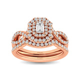 Diamond  Twist Shank Double Halo Bridal Ring 1 ct tw Emerald Cut in 14K Rose Gold