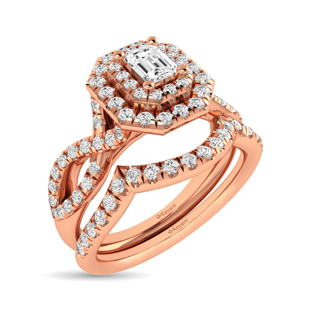 Diamond  Twist Shank Double Halo Bridal Ring 1 ct tw Emerald Cut in 14K Rose Gold