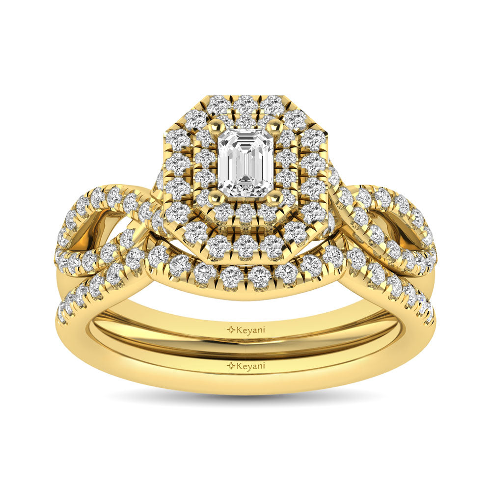 Diamond  Twist Shank Double Halo Bridal Ring 1 ct tw Emerald Cut in 14K Yellow Gold