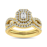 Diamond  Twist Shank Double Halo Bridal Ring 1 ct tw Emerald Cut in 14K Yellow Gold