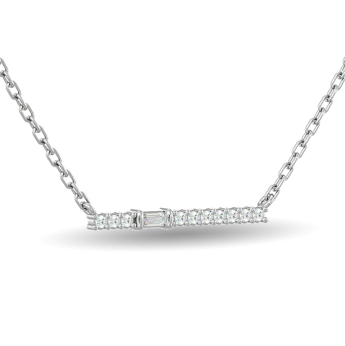 Diamond Round & Straight Buggete Fashion Necklace 1/8 ct tw in 14K White Gold