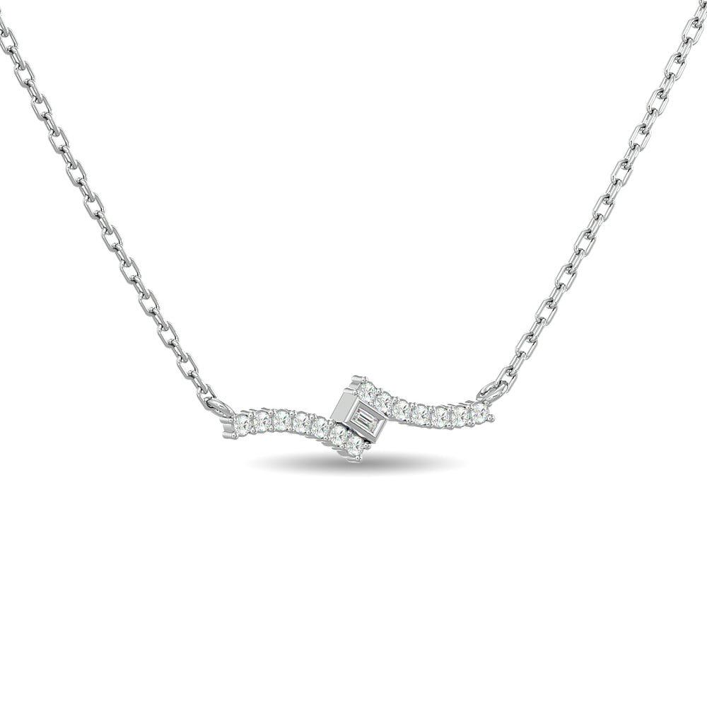 Diamond Round & Straight Buggete Fashion Necklace 1/8 ct tw in 10K White Gold