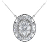 14K White Gold 3/4.Tw. Round and Baguette Diamond Oval Shape Necklace