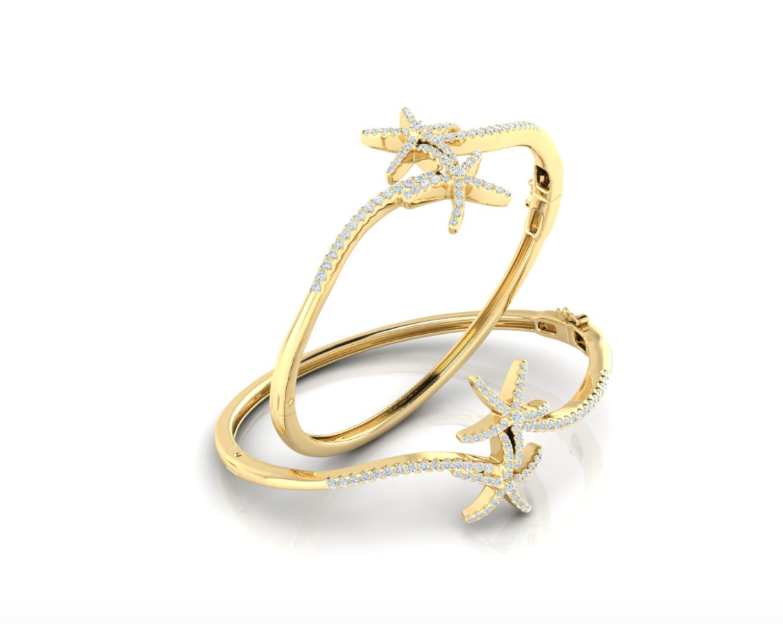 14kt Gold Double Star Fish Diamond Bangle Bracelet Available in White or Yellow Gold