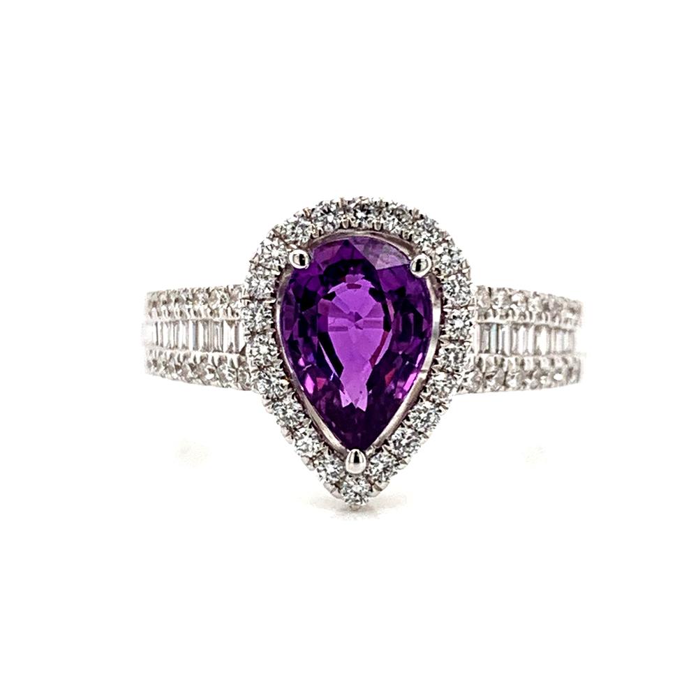 18k white gold ring with a GIA certified purple sapphire