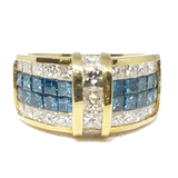 18kt Yellow Gold Caribbean Blue & White Diamond Ring , Princess Cut Invisible Set