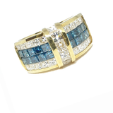 18kt Yellow Gold Caribbean Blue & White Diamond Ring , Princess Cut Invisible Set