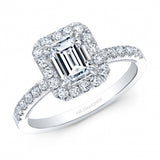 14kt White Gold Ring featuring Emerald Cut Diamond in the center with a Rectangle Shaped Halo